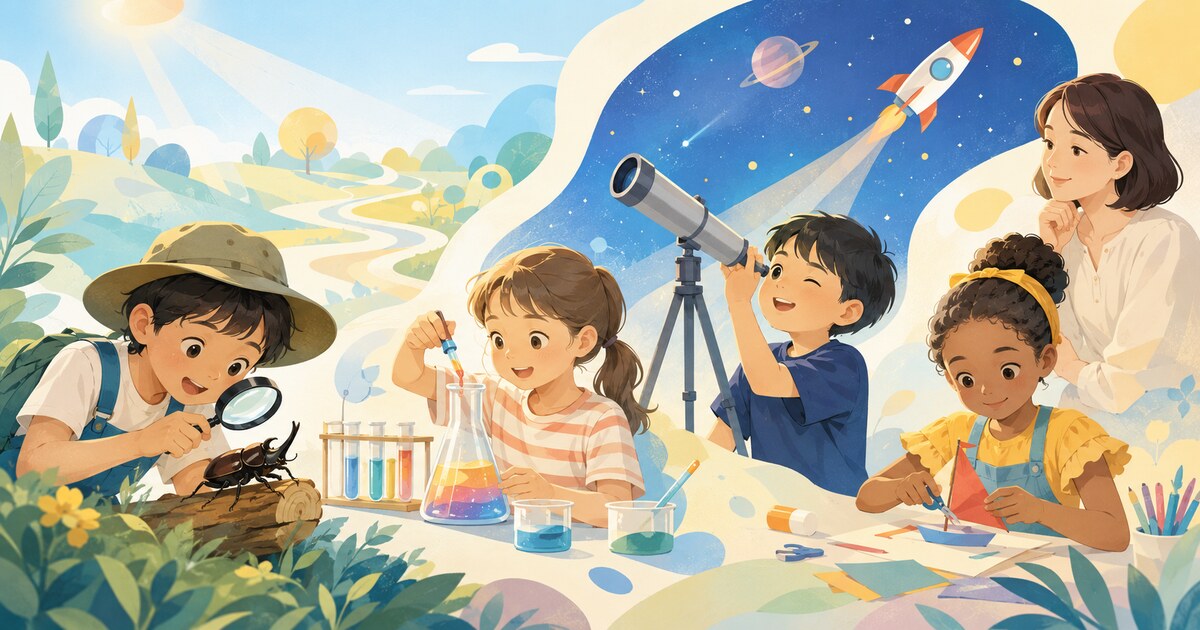 夏休みに昆虫観察・科学実験・天体観測・工作を楽しむ子どもたち